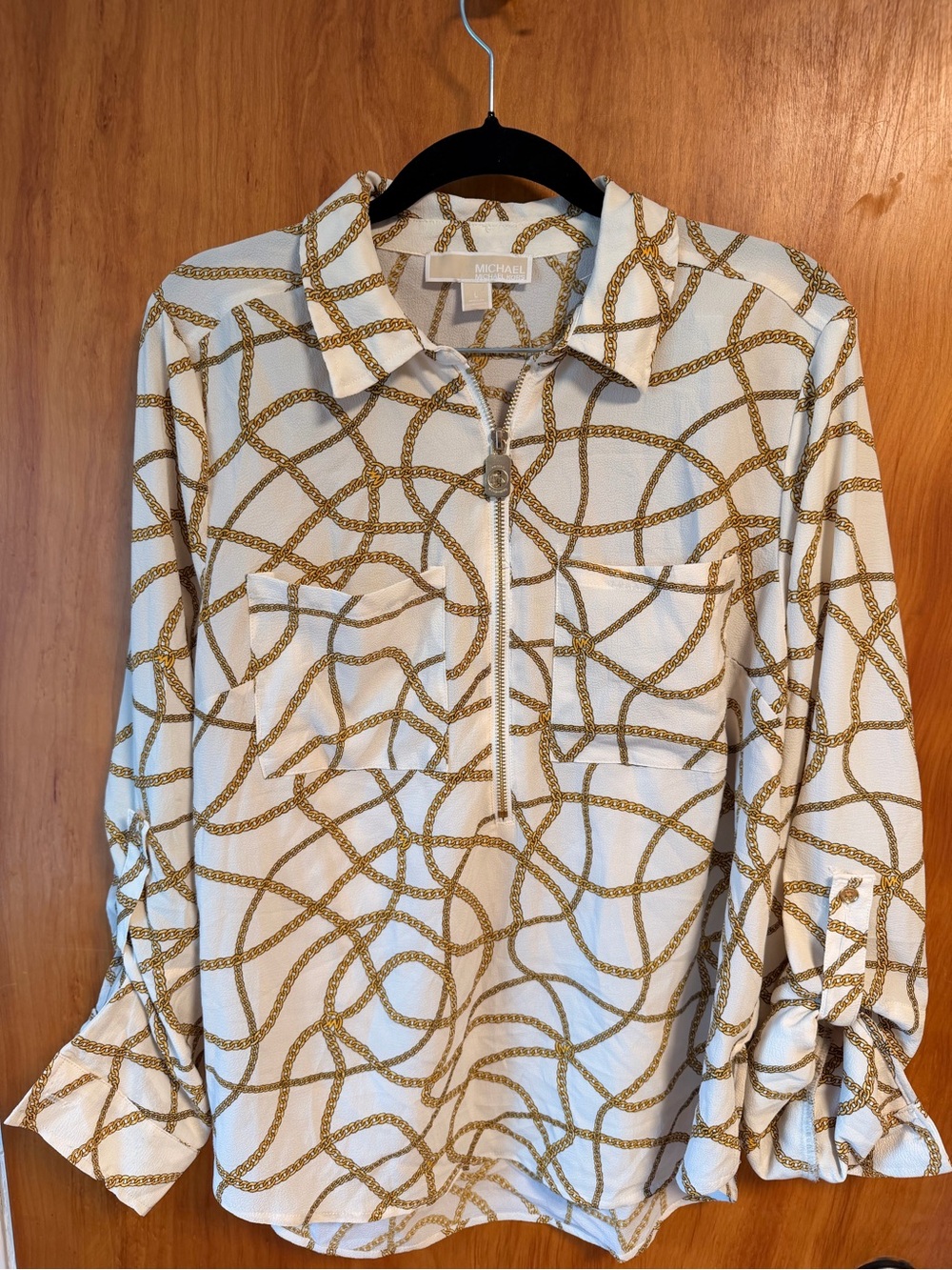 Michael Kors Cream Blouse with Gold Chain Print